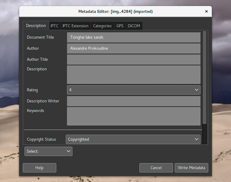 Metadata editor in GIMP 2.9.6